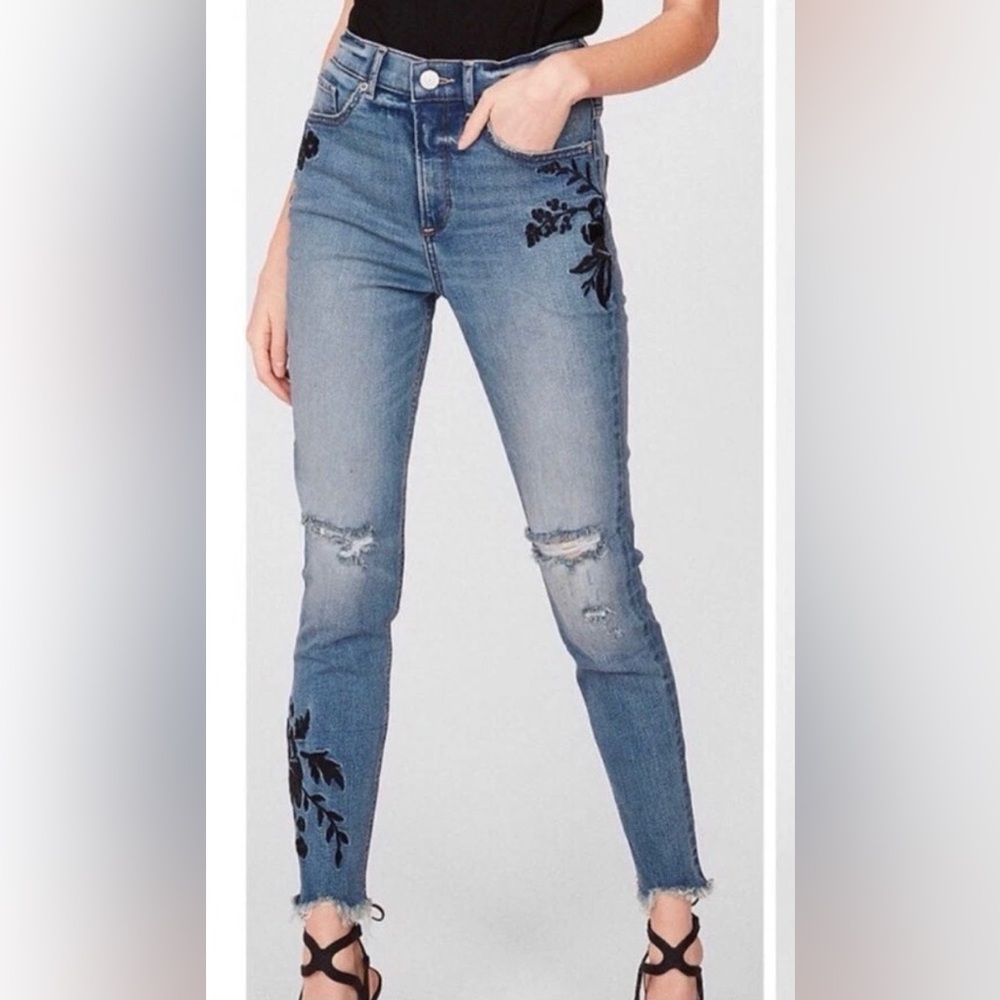 Express Denim Perfect Stretch+ Ankle Legging w Black floral Embroidery high rise